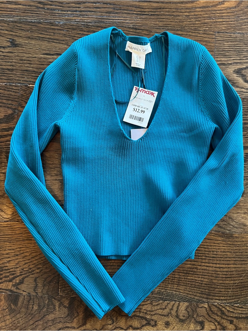 Teal Ribbed V-Neck Long Sleeve Top with tags